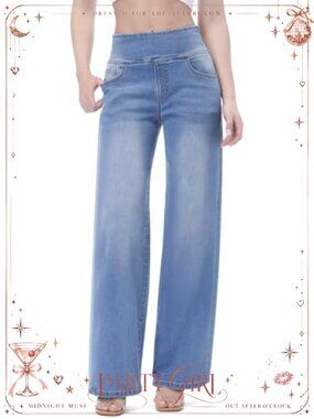 Pull On Wide Leg Jeans High Waisted Stretchy Tummy Control Denim Pants